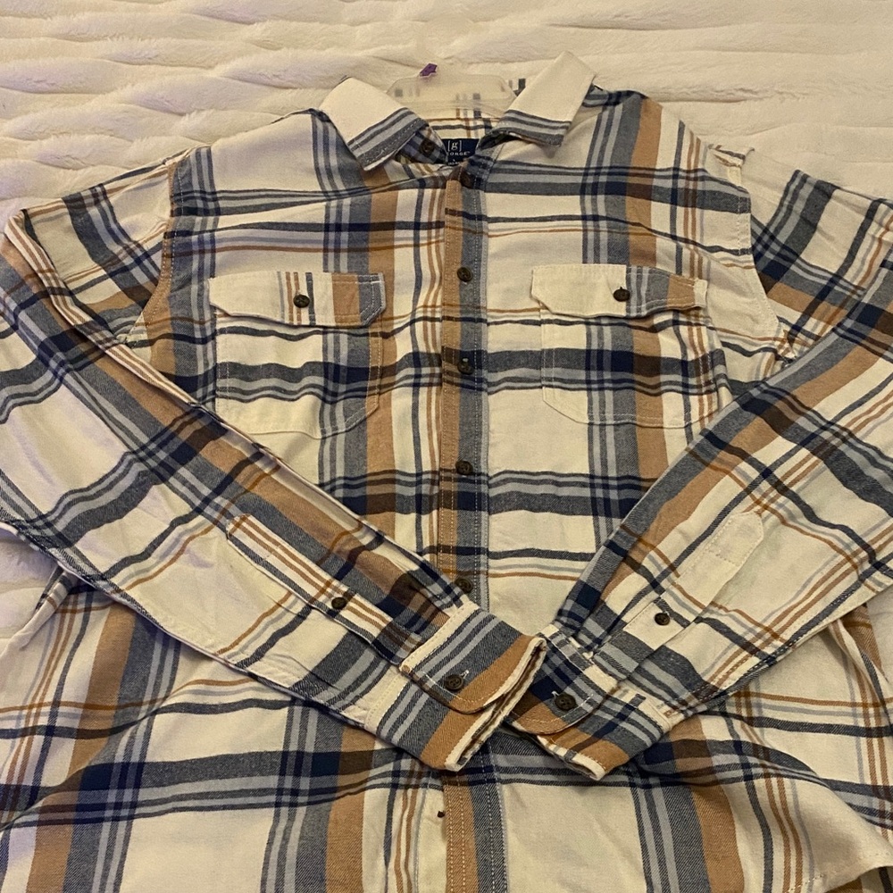 George Men's Casual Plaid Shirt in Navy, Tan, and White